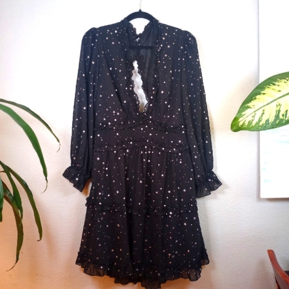 Unbranded Dresses & Skirts - Whimsigoth Sheer Black Silver Star Ruffled Deep V Festive  Holiday Dress XL